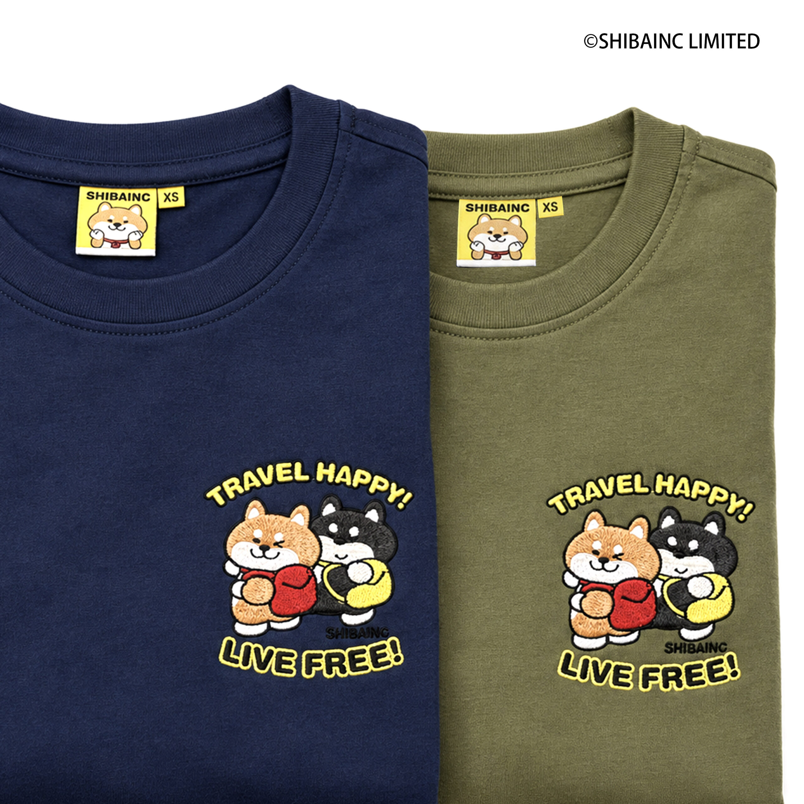 "TRAVEL HAPPY · LIVE FREE" SHIBE & BU embroidery graphic tee